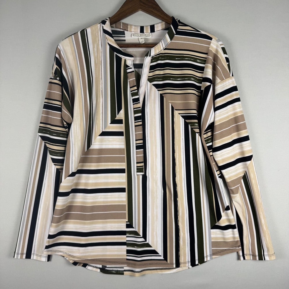 Dana Buchman Striped Blouse Women Medium Tan Olive NWOT Geometric Long Sleeve